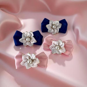 Pearl Dog Hair Bows: Pink & Blue Floral Scrunchies, Set of 2