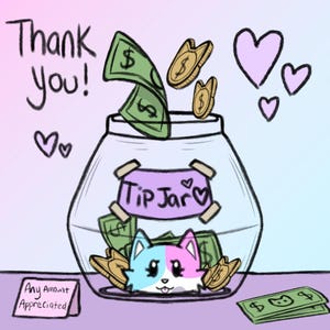 Puede incluir: Una ilustración de dibujos animados de una jarra de propinas con un lindo gato adentro. La jarra está llena de dinero y tiene un letrero que dice "Tip Jar". El fondo es un degradado de color rosa y azul pastel con corazones.