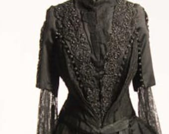 Originale 1880/1890s vittoriano 2Pc Black Beaded Satin Ball-Gown Dress /Gown taglia 8 - Articolo #159, Abiti e abiti