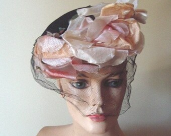 Spring Hat 1950's Original Black Felt Pillbox Pink Silk Roses Trim the Front, New Veiling  Item # 755  Hats