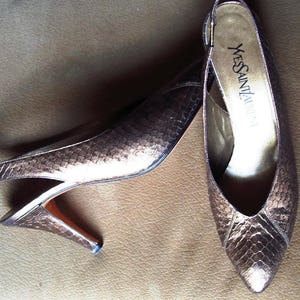 St. Laurent Bronze Metallic Snakeskin Sling Back Dressy Pumps Perfect New Size 7N Item 48 Shoes & Boots image 1