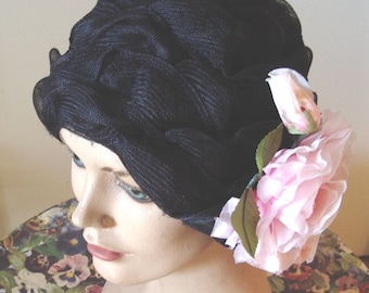 20's Style Cloche Horsehair Braid Removable Pink Rose  Item # 838  Hats