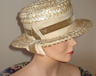 Vintage Straw Sailor Hat Victorian Inspired Style by "Frank Olive" from 1960s Item # 709 Hats