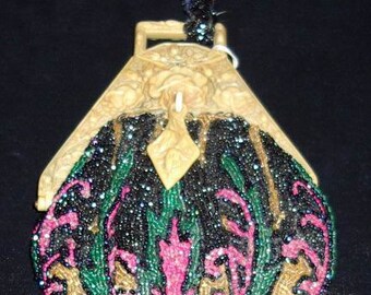 1920s Beaded Pouch /Rose Pattern Bakelite Frame- item #37  - Purses