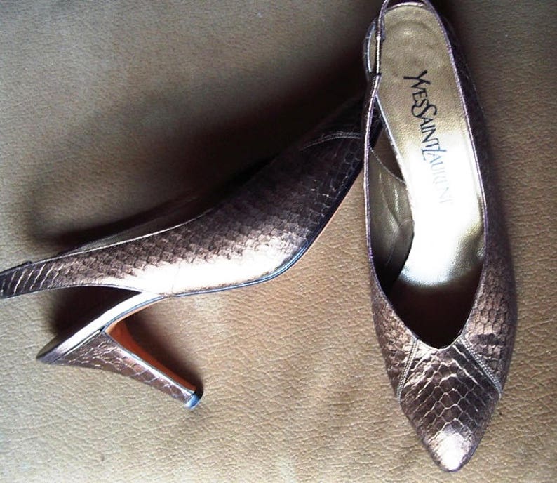 St. Laurent Bronze Metallic Snakeskin Sling Back Dressy Pumps Perfect New Size 7N Item 48 Shoes & Boots image 1