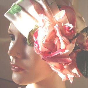 1960s Original Designer Velvet Rose Cream Silk Satin Draped Cloche Item #751 Hats image 1