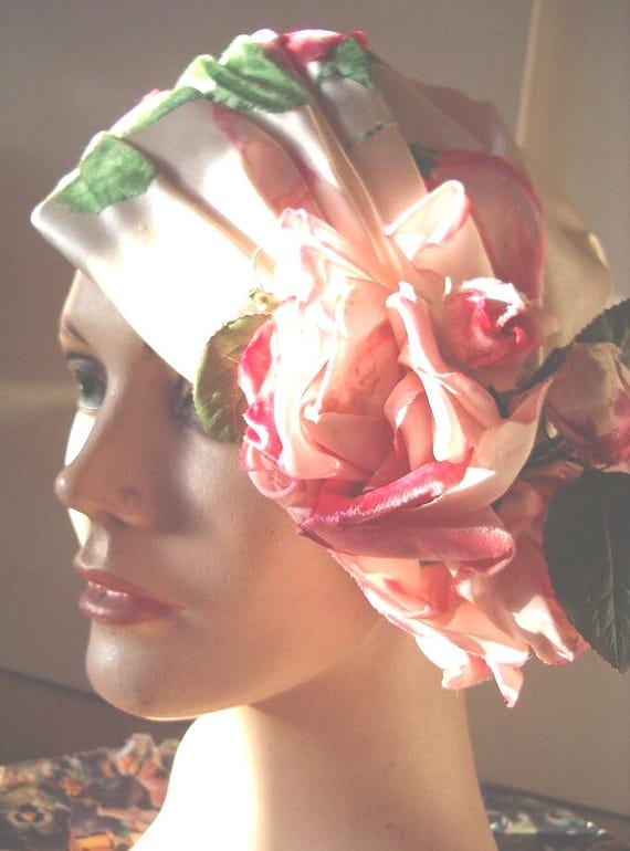 1960s Original Designer Velvet Rose Cream Silk Satin Draped Cloche Item #751 Hats