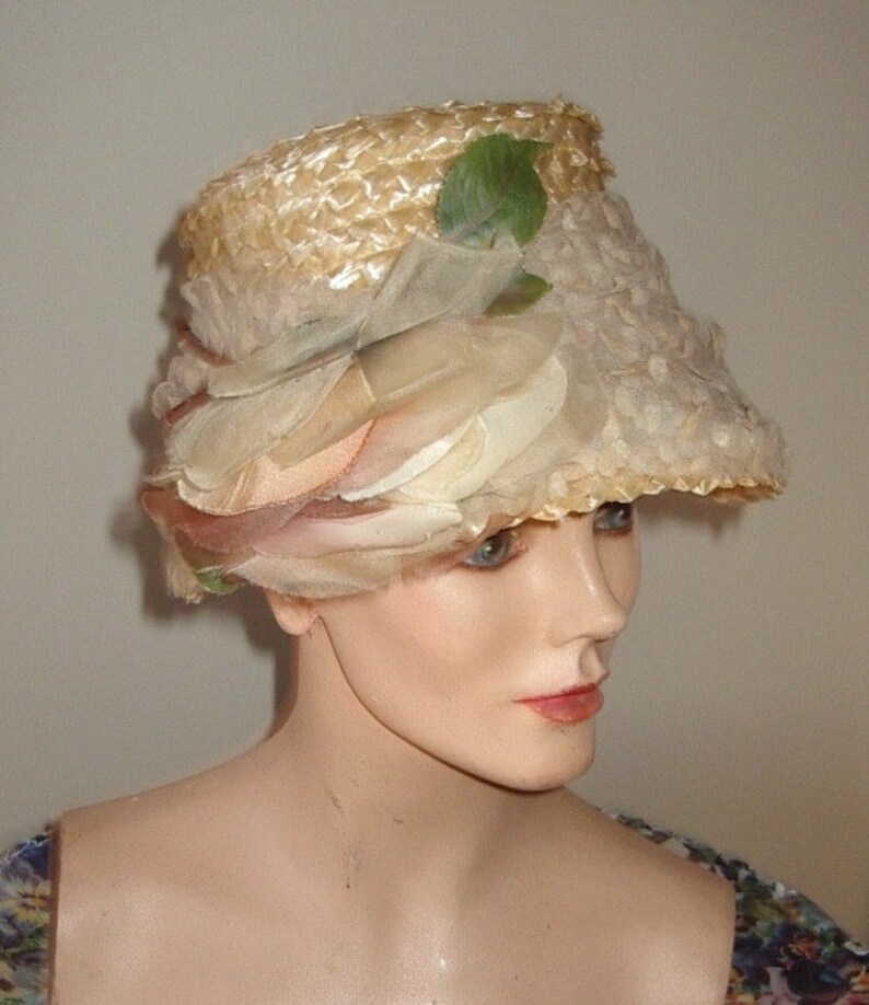 Vintage Edwardian Style Bonnet Cream Straw Tulle Draped with Silk Rose Trim Item #756 Hats