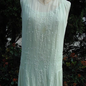 Original 20's Summer Dress Mint Green Voille Smocked & Embroidered with Slip Size 10 Item 228 Daytime Dresses image 2