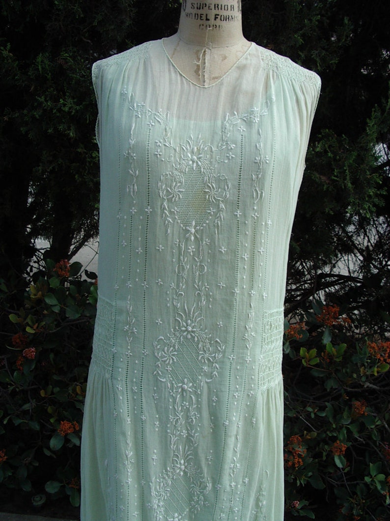 Original 20's Summer Dress Mint Green Voille Smocked & Embroidered with Slip Size 10 Item 228 Daytime Dresses image 2