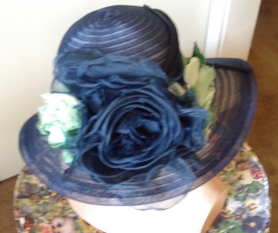 Vintage 60's Cloche Hat Navy Horsehair Brimed / S… - image 3