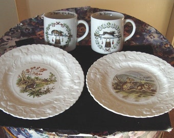 Lunch/Brunch Wild Rabbit Decorated 4Pc. Set Imported Bone China Plates/Porcelain Mugs #Item 471 Collectibles