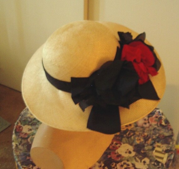 White Panama Straw Hat with Floral & Ribbon Trim … - image 3