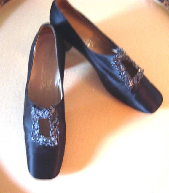 Vintage Black Satin Pumps with Beaded Trim 1920- … - image 1