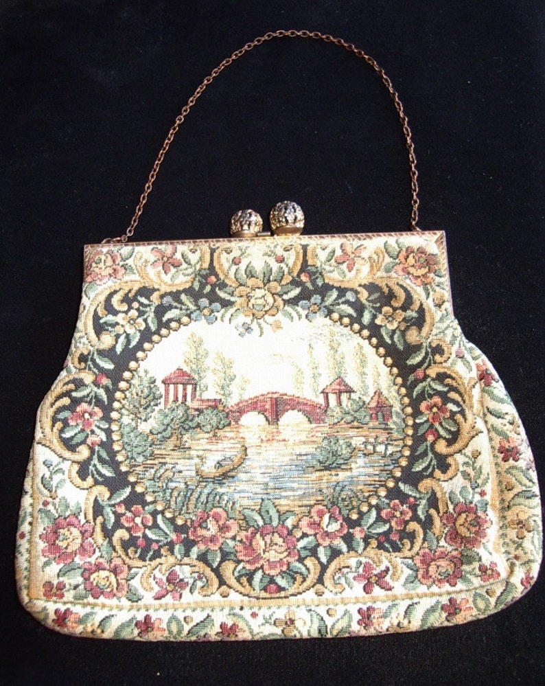 Vintage FRENCH Pettipoint Scenic Small Clutch Purse Item 97 Purses image 3