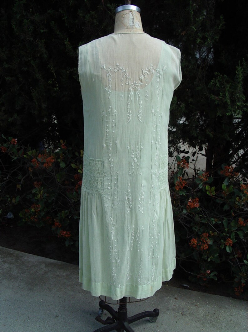 Original 20's Summer Dress Mint Green Voille Smocked & Embroidered with Slip Size 10 Item 228 Daytime Dresses image 5
