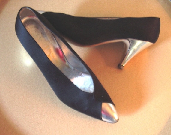 Italian Designer Black Satin High Heel Pumps/ Silv