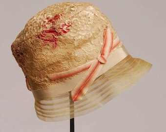 1920s Pale Pink Lace over Red Petals Horsehair Helmet Cloche Hat/ Gloves - Item #716, Hats