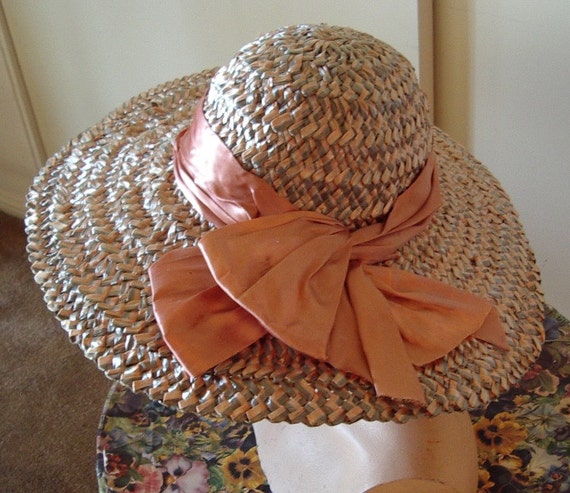 Designer Coral and Grey Straw Hat  Wide Picture B… - image 1