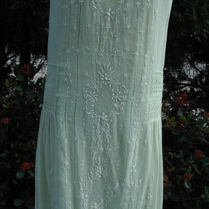 Original 20's Summer Dress Mint Green Voille Smocked & Embroidered with Slip Size 10 Item 228 Daytime Dresses image 3