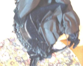 Original 1880s Victorian Velvet Bonnet, Black Faille Bows, Jet Bead Trim Item #130   Hats