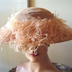 Rare Edwardian Era Peach Faille Restored Hat Original Feather Trim /Label Item #700  Hats