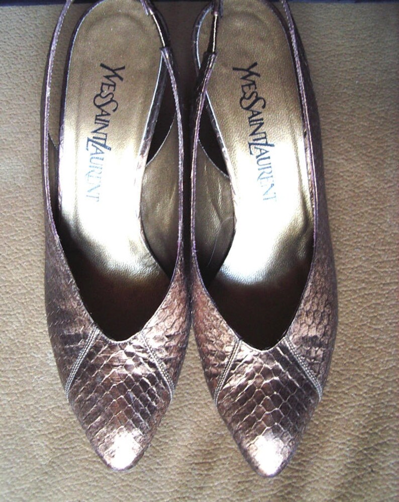 St. Laurent Bronze Metallic Snakeskin Sling Back Dressy Pumps Perfect New Size 7N Item 48 Shoes & Boots image 2