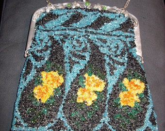 1920s/30s Floral Design Beaded Purse/ Jeweled Sterling Silver Metal Frame  - item 53, Purses
