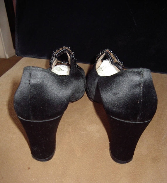 Vintage Black Satin Pumps with Beaded Trim 1920- … - image 5