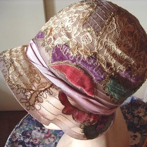 Rare 20's Decorated Horsehair Cloche with Gilded Lace & Multi Velvet Patches All Original Perfect Item #830 Hats