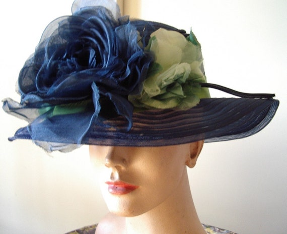 Vintage 60's Cloche Hat Navy Horsehair Brimed / S… - image 2