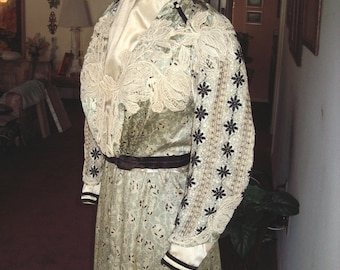 Original Victorian.Sage Color Silk Satin with Polka Dot Print 2Pc. Dress/Gown size 8 - item #106, Victorians