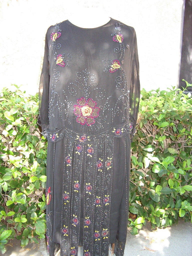 Original 1920s Beaded Gown over Beaded Sleeve Chiffon Under-Dress Size Large Perfect Condition Item #212 Gowns/Dresses Original 1920s Beaded Gown over Beaded Sleeve Chiffon Under-Dress Size Large Perfect Condition Item #212 Gowns/Dresses