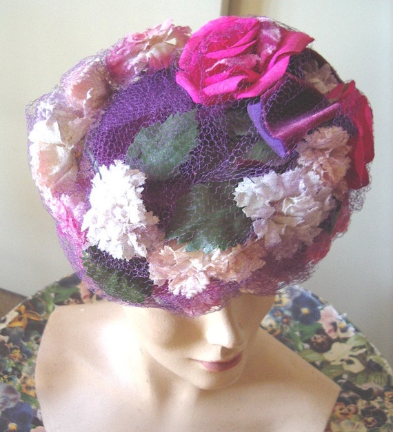 1940's Pillbox Style Cocktail Hat Roses/ Cornflowe