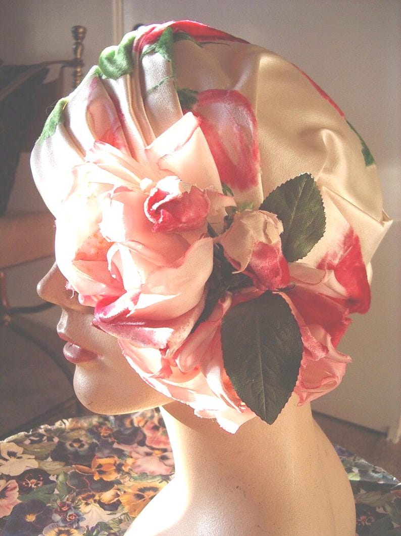 1960s Original Designer Velvet Rose Cream Silk Satin Draped Cloche Item #751 Hats image 2