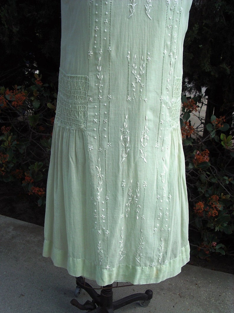 Original 20's Summer Dress Mint Green Voille Smocked & Embroidered with Slip Size 10 Item 228 Daytime Dresses image 7