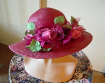 Hat Raspberry Straw Wide Brim With Matching Roses/Pink Centers/Green Leaves Front & Back. New Item # 766 Hats