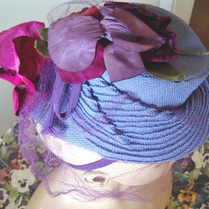 1940's TOY Style Cocktail Hat Blue Strawcloth/ Fuchsia Roses/Purple Veil Item 750 Hats image 3