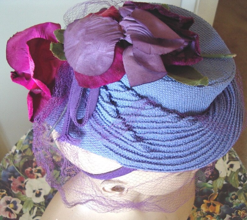 1940's TOY Style Cocktail Hat Blue Strawcloth/ Fuchsia Roses/Purple Veil Item 750 Hats image 3