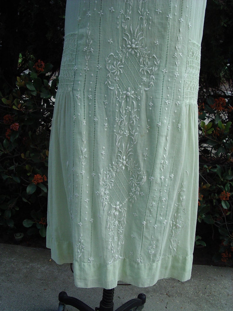 Original 20's Summer Dress Mint Green Voille Smocked & Embroidered with Slip Size 10 Item 228 Daytime Dresses image 4