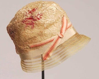 Original 1920s Pale Pink Lace over Red Petals Horsehair Helmet Cloche Hat/ Gloves - Item #716, Hats