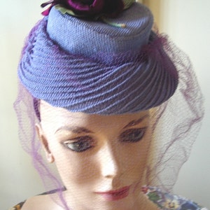 1940's TOY Style Cocktail Hat Blue Strawcloth/ Fuchsia Roses/Purple Veil Item 750 Hats image 2