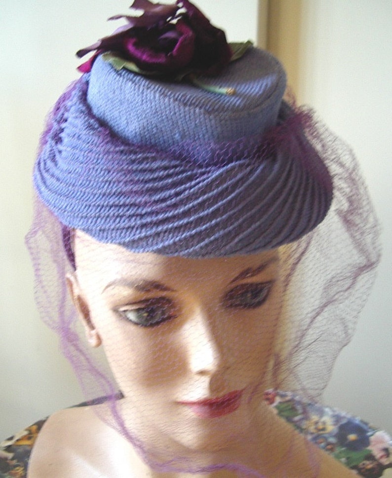 1940's TOY Style Cocktail Hat Blue Strawcloth/ Fuchsia Roses/Purple Veil Item 750 Hats image 2