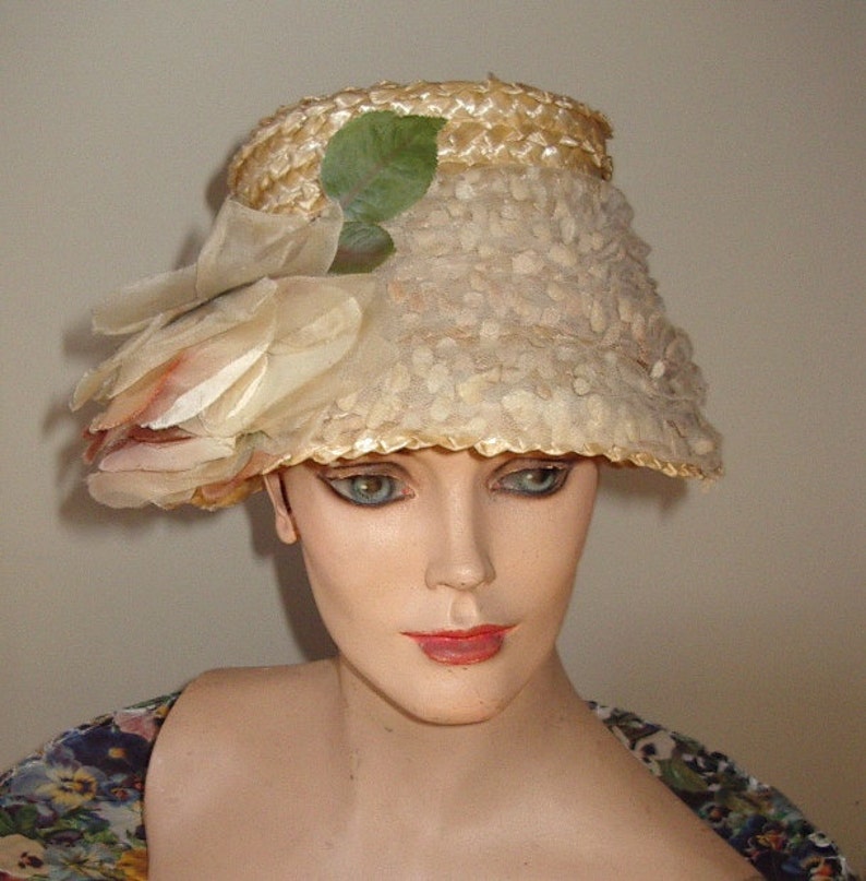 Vintage Edwardian Style Bonnet Cream Straw Tulle Draped with Silk Rose Trim Item #756 Hats