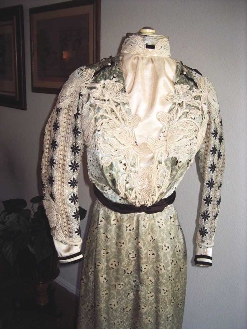 Original Victorian.Sage Color Silk Satin with Polka Dot Print 2Pc. Dress/Gown size 8 item 106, Victorians image 2