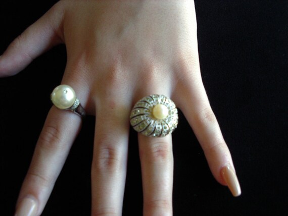 Pearl/ Rhinestone Cocktail Ring Duo Copies of Rea… - image 1