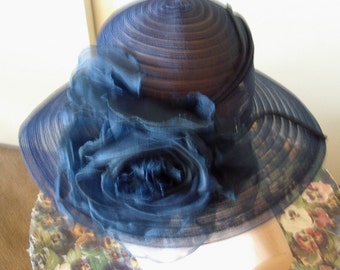 Vintage 60's Cloche Hat Navy Horsehair Brimed / Silk Rose Trim   Item #817  Hats