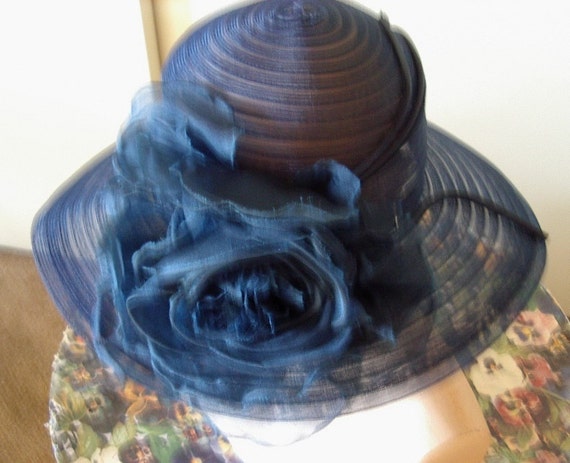 Vintage 60's Cloche Hat Navy Horsehair Brimed / S… - image 1