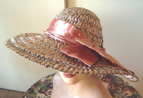 Designer Coral and Grey Straw Hat  Wide Picture B… - image 2
