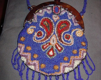 SALE Blue Iserna Beaded Purse with Tortoise Frame Circa 1919/1920  - Item #75, Purses